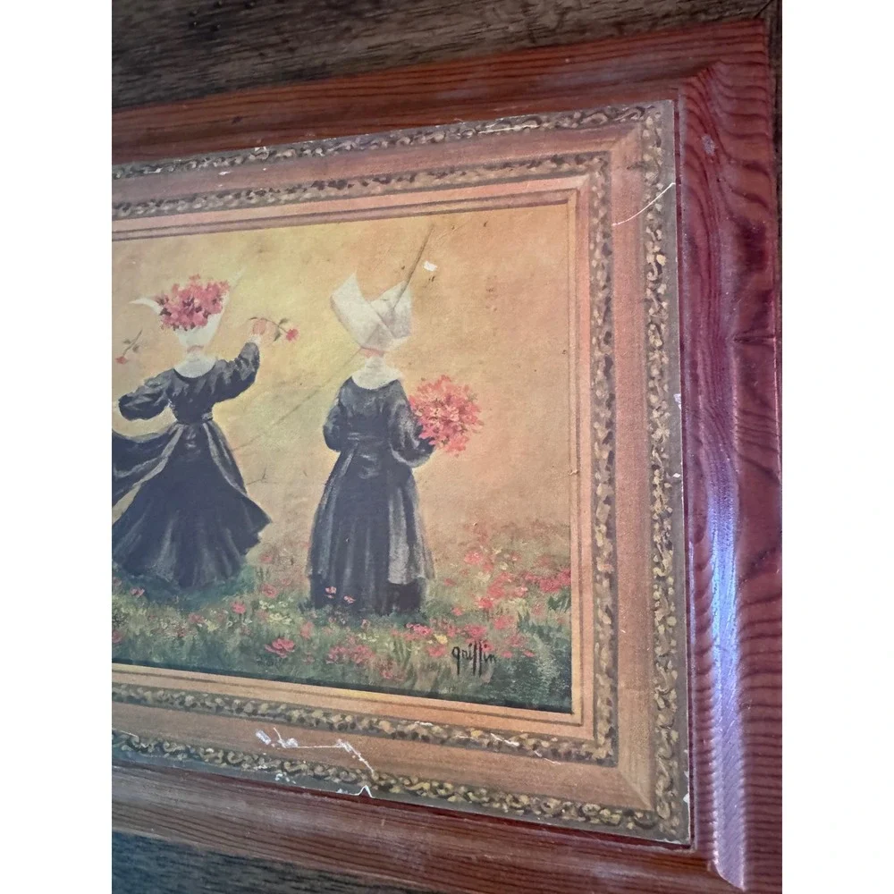 Vintage Griffin Folk Art Wood Block Print Figures in Meadow Flowers Wall Decor